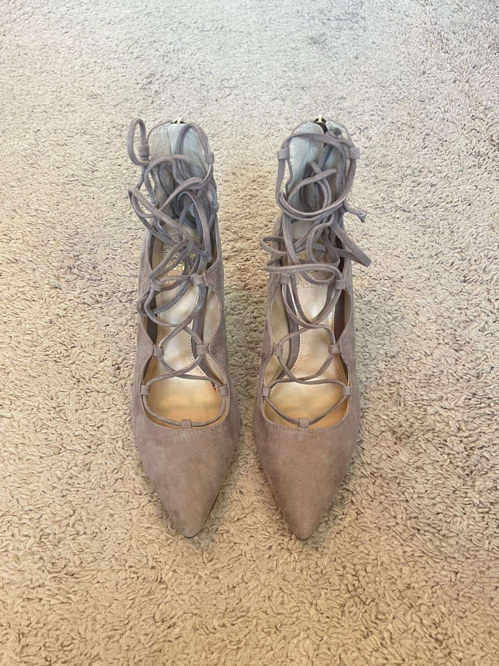 Vince Camuto Taupe Lace-Up Pointed Toe Heels